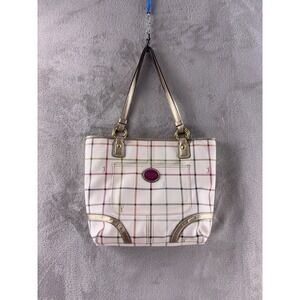 Coach Peyton Tattersall Tote Bag Womens Beige Plaid Leather Shoulder Purse